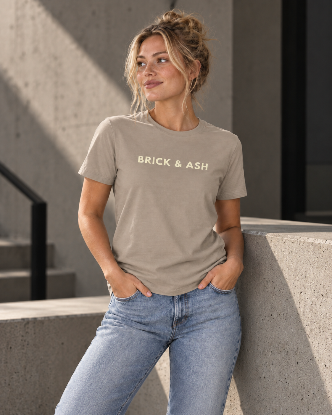 Brick & Ash Essential Women's Tee in Ash, lifestyle view
