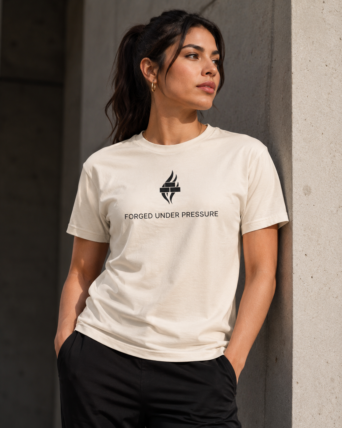 Brick & Ash Forged Under Pressure Tee in Sandstone, lifestyle view