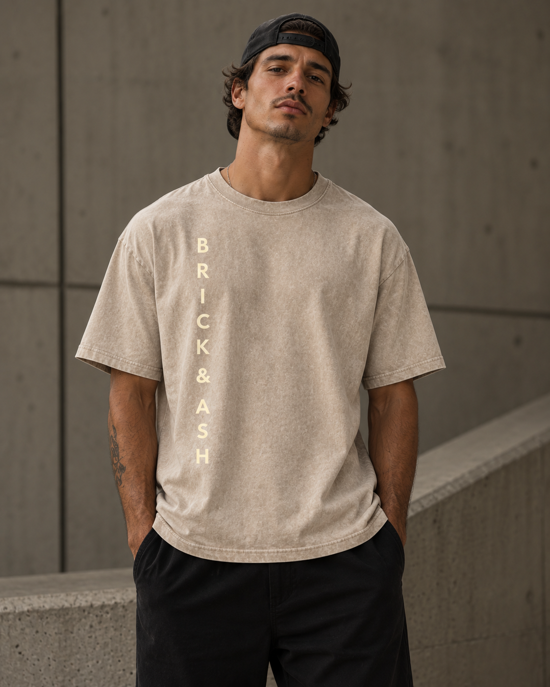 Brick & Ash Forged Heavyweight Tee in Sandstone, lifestyle view