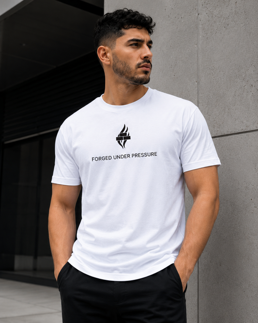 Brick & Ash Forged Under Pressure Tee in Chalk, lifestyle view