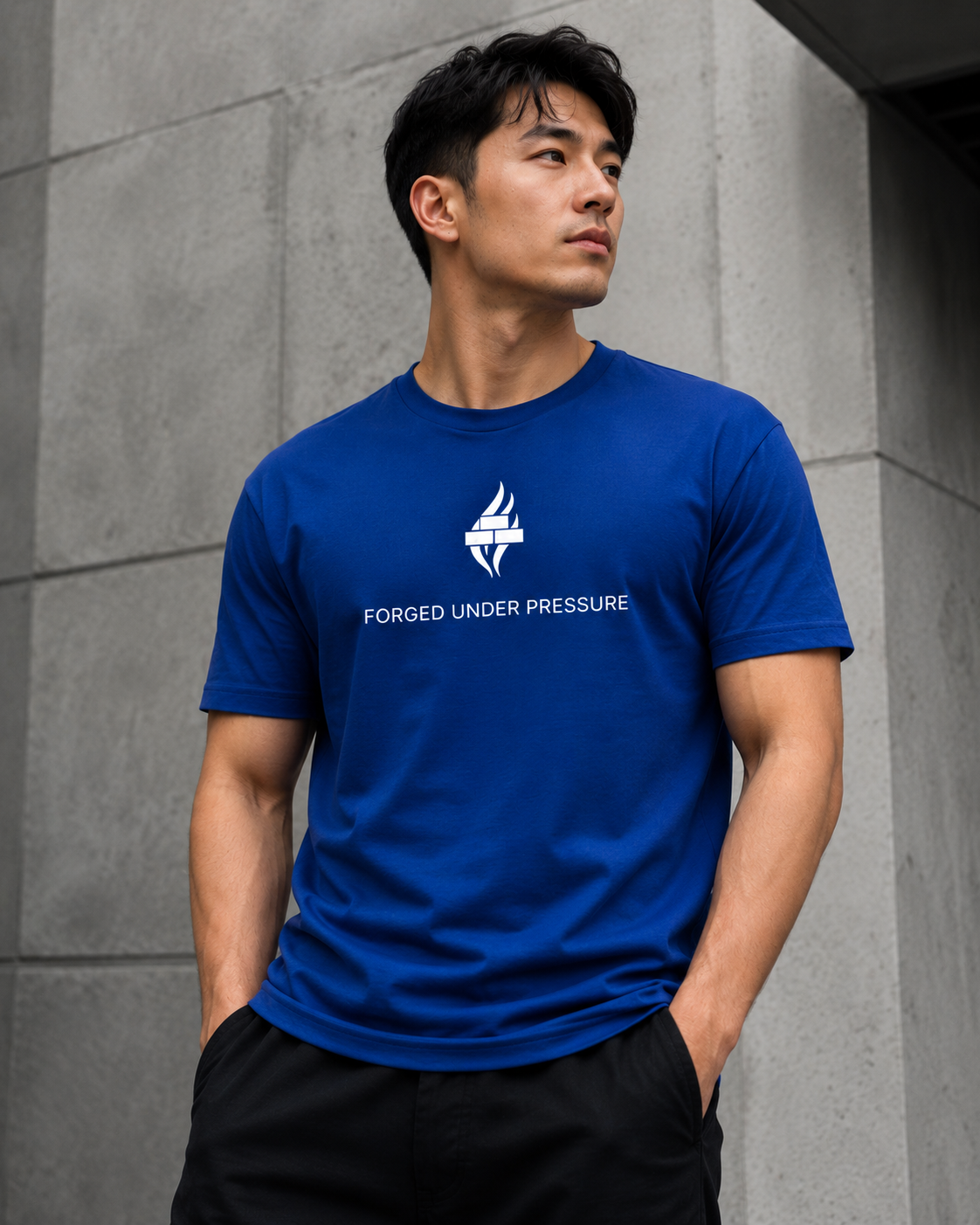 Brick & Ash Forged Under Pressure Tee in Cobalt, lifestyle view