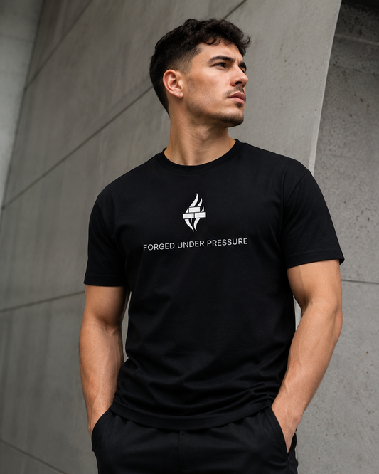 Brick & Ash Forged Under Pressure Tee in Obsidian, lifestyle view