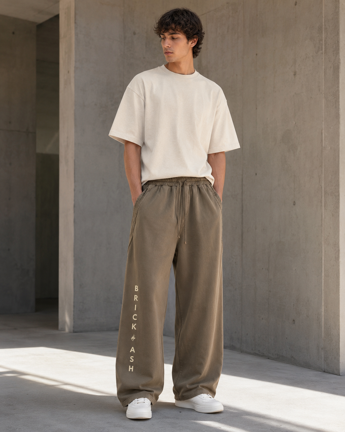 Brick & Ash Forged Wide-Leg Sweatpants in Sandstone, lifestyle view