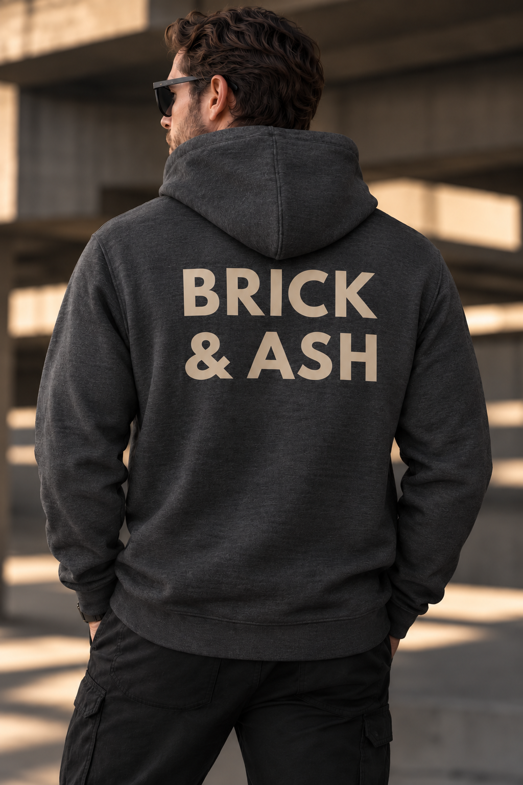 Brick & Ash Founders Hoodie in Graphite, back lifestyle view
