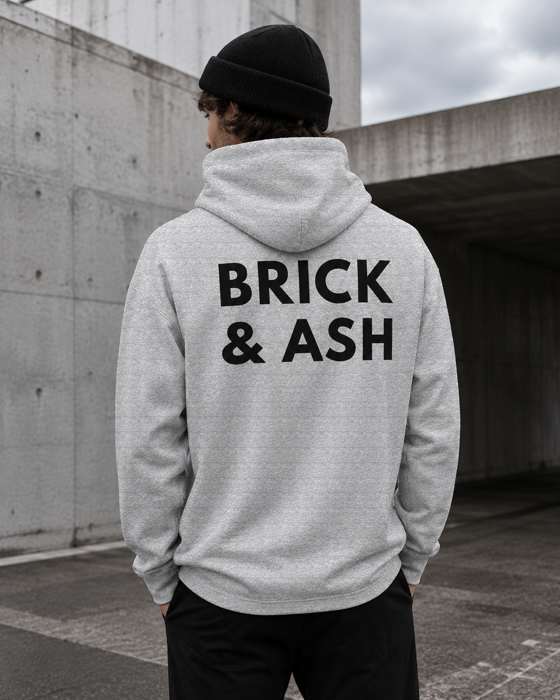 Brick & Ash Founders Hoodie in grey heather, back view